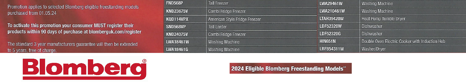 Blomberg 5 year warranty on freestanding appliances