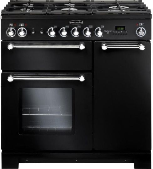 Rangemaster KCH90NGFBL/C 90cm Kitchener Gas Range Cooker Black / Chrome, A+ Rated