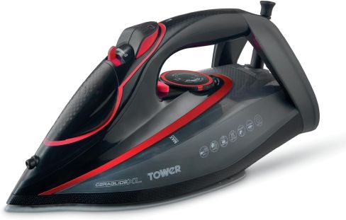 Tower T22032RED Steam Iron with Ceraglide XL Ceramic Soleplate, 350ml Water Tank & 3100W - Red & Black