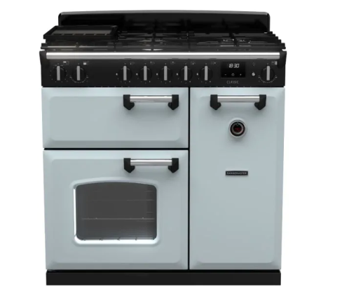 Rangemaster CL90DFPMSB/CM1 Classic 90 DF  Dual Fuel Range Cooker Misty Blue Chrome