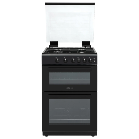 Statesman GDL60B Glass Lid Double Oven Gas Cooker, 4 Gas Burners, 60cm Wide, Black