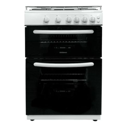 Statesman GDL60W2 Glass Lid Twin Oven Gas Cooker, 4 Gas Burners, 60cm Wide, White