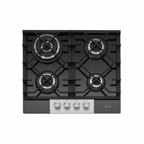 Caple C786G 59cm Gas On Glass Hob 4 Burner with Cast Iron Supports - Black/Stainless Steel