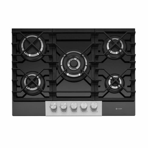 Caple C787G 70cm Gas On Glass Hob 5 Burner with Cast Iron Supports - Black/Stainless Steel