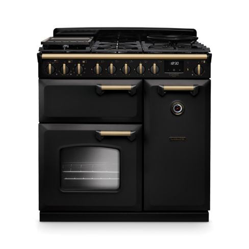 Rangemaster CLDL90DFPCBL/AB1 Classic Deluxe  90 DF  Dual Fuel Range Cooker Charcoal Black Antique Brass