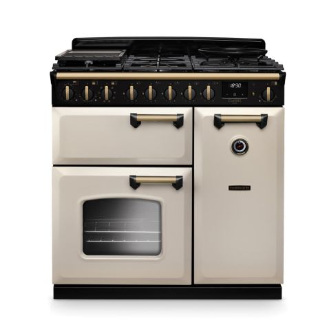 Rangemaster CLDL90DFPPCR/AB1 Classic Deluxe 90 DF Dual Fuel Range Cooker Pale Cream Antique Brass