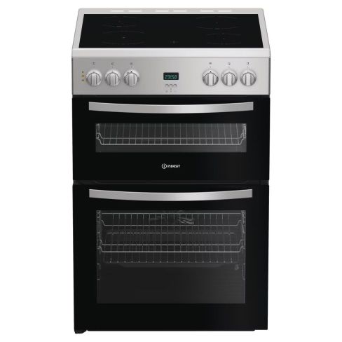 Indesit IDE6VDCS1 Freestanding 60cm Hydrolytic Double Oven Cooker with Ceramic Hob in Silver A Rated