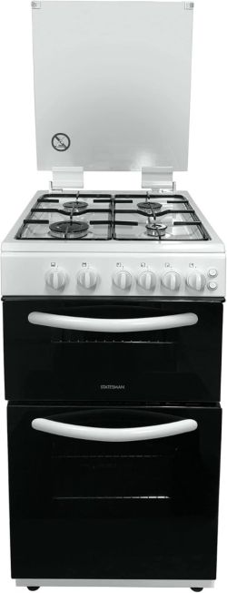 Statesman GTL50W 50cm Wide, Glass Lid Twin Cavity Gas Cooker, 4 Gas Burners In White
