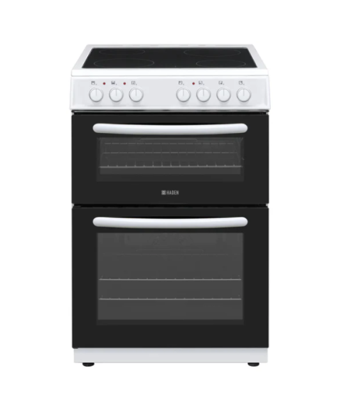 Haden HE65DOMW 60cm Ceramic Hob Double Oven Cooker in White A Rated